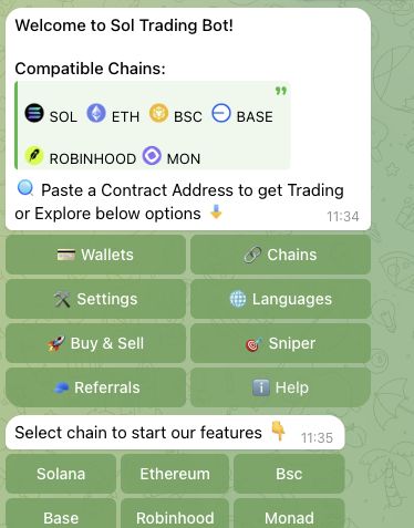 SolTradingBot Telegram chain selector with Solana, Ethereum, BSC, Base, Robinhood and Monad